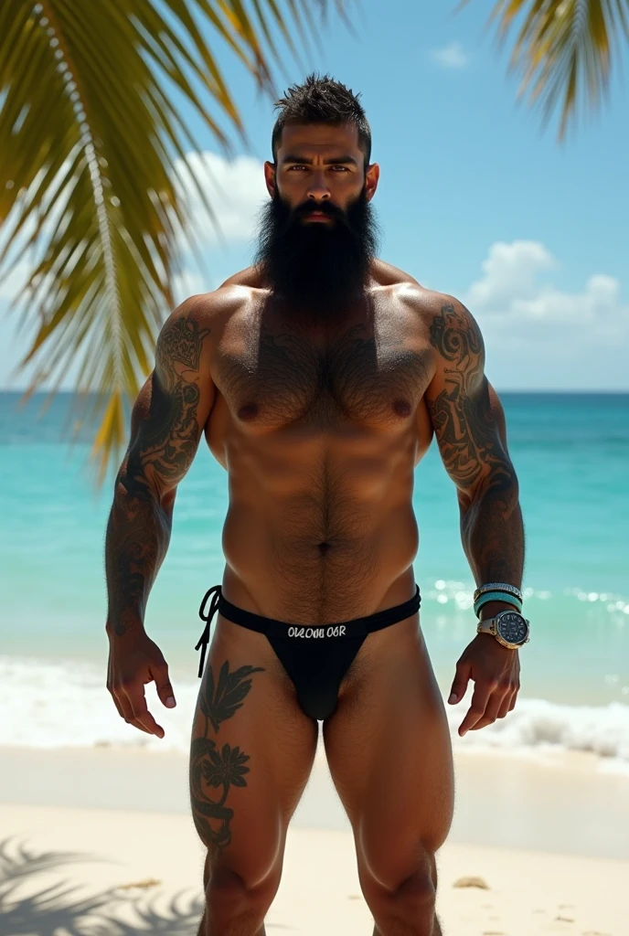 Hairy and bearded mixed race man wearing a black thong on the beach.