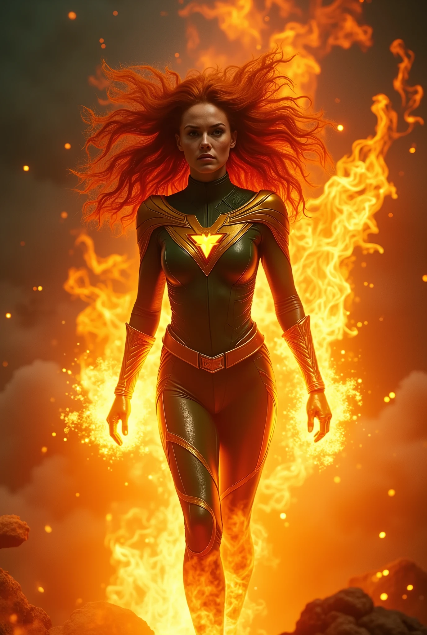 "Create a cinematic, award-winning masterpiece of digital photography featuring Jean Grey from X-Men in her Phoenix form. Jean exudes immense power and determination, her eyes glowing with the fiery intensity of the Phoenix Force. Her iconic red hair flows wildly around her, capturing the overwhelming energy and strength within.

Dressed in her signature green and gold Phoenix costume, she stands with an aura of fiery flames swirling around her, embodying the raw, cosmic power of the Phoenix. The digital photography captures the fierce yet graceful energy of Jean as she channels her powers, with the flames and light expertly rendered to enhance the dynamic flow of her fiery aura.

The background is dark and atmospheric, filled with shadows, swirling flames, and hints of cosmic energy that convey a sense of urgency and overwhelming power, reflecting the turbulent inner struggle she faces as the Phoenix. The composition should be visually stunning, capturing the intensity and majesty of Jean Grey’s transformation in a way that accentuates her beauty, strength, and the sheer force of her presence as the Phoenix, making it a true cinematic masterpiece."