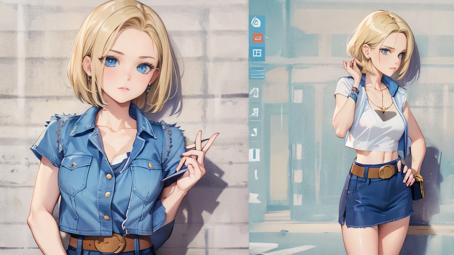 Highest quality, High resolution, AND18, One Girl, Android 18, alone, Blonde, blue eyes, short hair, Earrings, jewelry, Denim short sleeve vest, Open Vest, Black Pantyhose, Black Shirt, Jeans Skirt,  Blue Skirt, Medium chest, Cowboy Shot, street, (External dilated chest: 1.2)