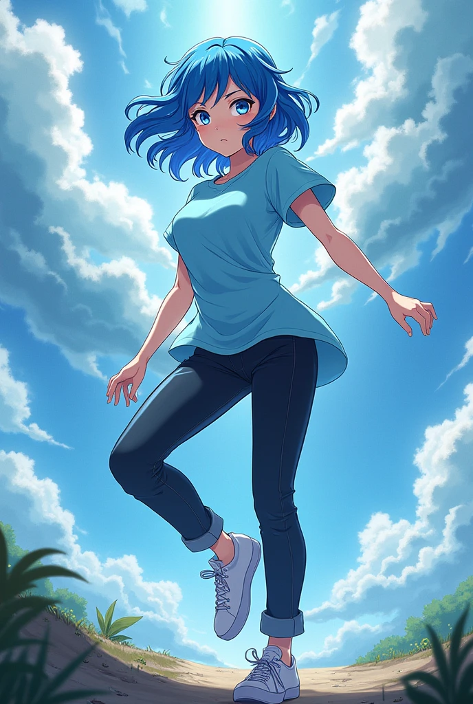 Anime girl light blue t-shirt black pant white sneakers wavy hair blue eyes sorcerer of wind