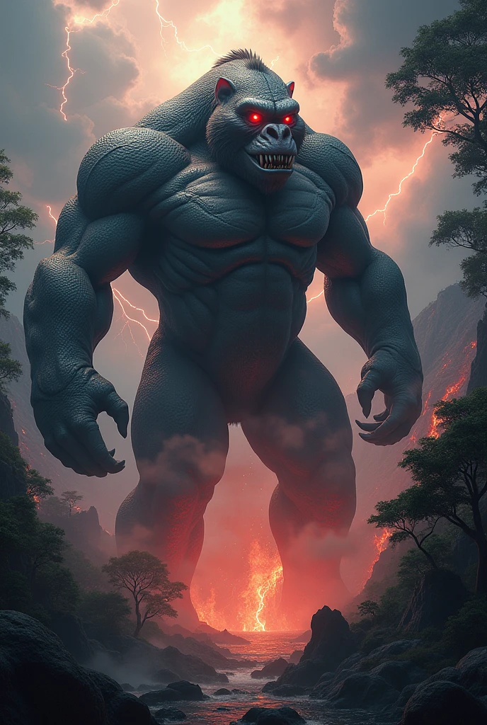 Snake and gorilla combination, background forest, make it muscular, stronger aggressive, looks bigger hybrid, dengerous, super powerful, lightning background, bigger hybrid, make it one head, Red eyes volcano body . make it mythologycal ,mythical creatures , hd , realistic
