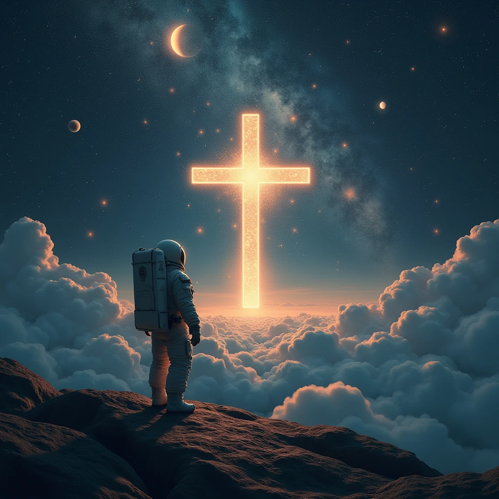 A cross, in outer space, constellations, stars , planets , an astronaut