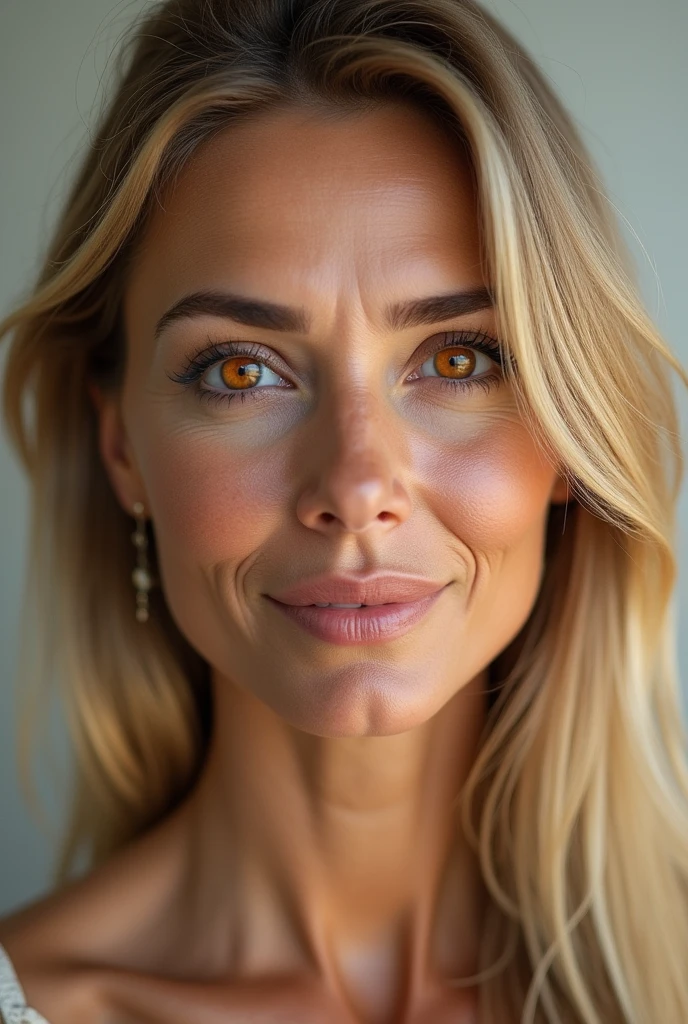 (photorealism:1.2), Mature woman fair skin tanned European straight golden hair, big orange eyes,  fine rostrum, thin lips 
