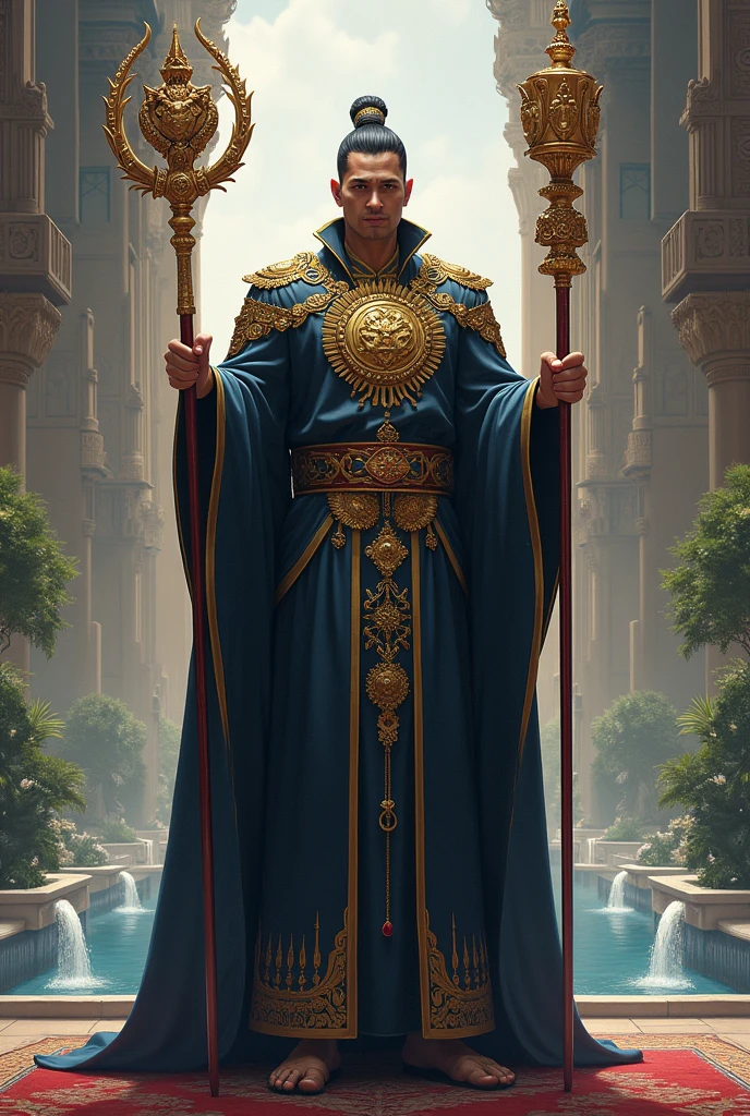 Raja: half body of an adult male holding crossed blue jeweled staffs. Robe: Long dark blue robe with gold embroidery with a lion symbol. Magnificent palace with mixed Javanese and Islamic architecture. There are towers that rise to the sky, gardens with fountains. Art Style: Realistic with a touch of Fantasy with the title text in the middle, namely MAHAKARSA