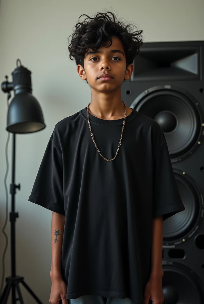 A indian young boy with curly black hairs wear a black oversized pain tshirt and stand behind a partybox speaker here is a boack lamp stand on his left side and the boys have little taooz on his left arm with white grey dully back ground and wear a neck chain behind tshirt and this boy show by frount side and feel realastic boy wear a black googles
and back ground dully white and gray mate