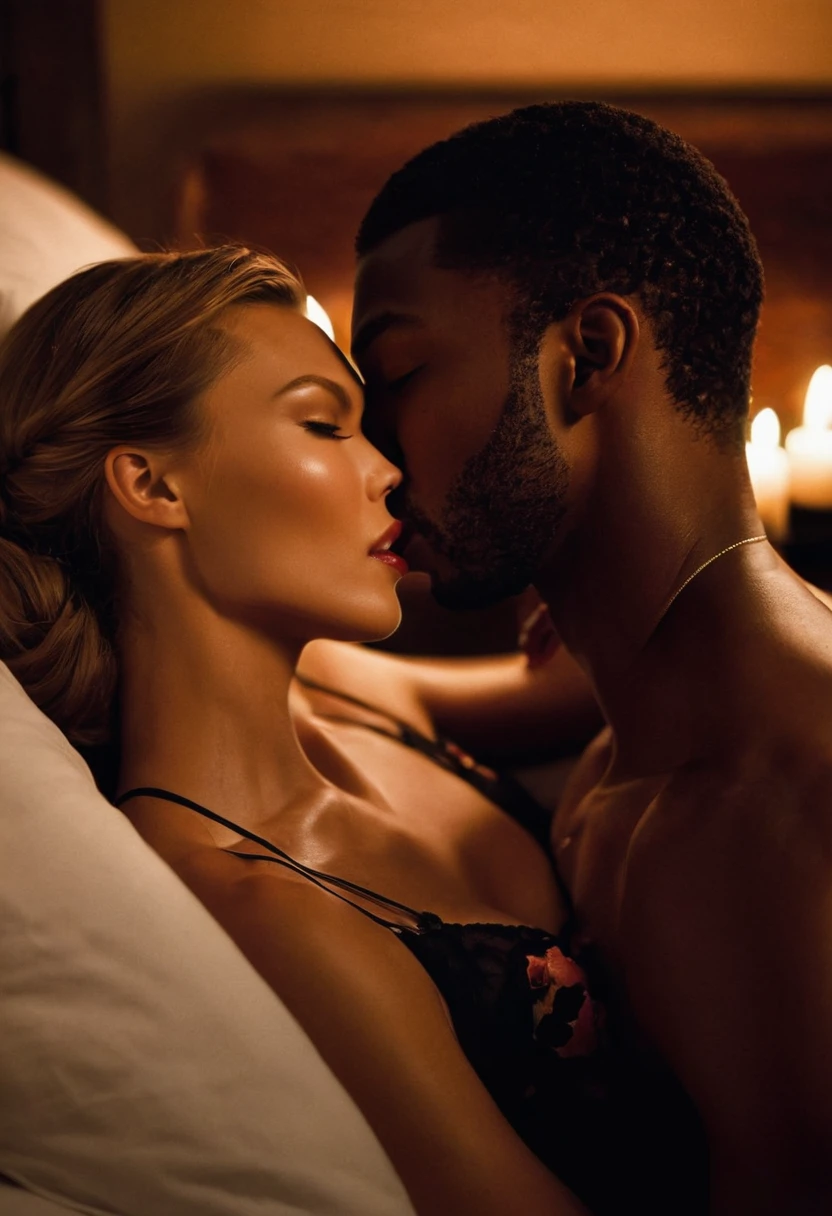 Caucasian fashion model Karlie Kloss and a handsome African American male whose facial features are a combo of Broderick Hunter + Robert Christopher Riley share a steamy kiss inside a bedroom lit only by candlelight. Karlie has lovely makeup on her face. Nighttime. Romantic ambiance. Symmetrical eyes. Symmetrical faces. Lovely details. Photorealistic. Full-colored photo. Professional photo. Highly detailed 8K.