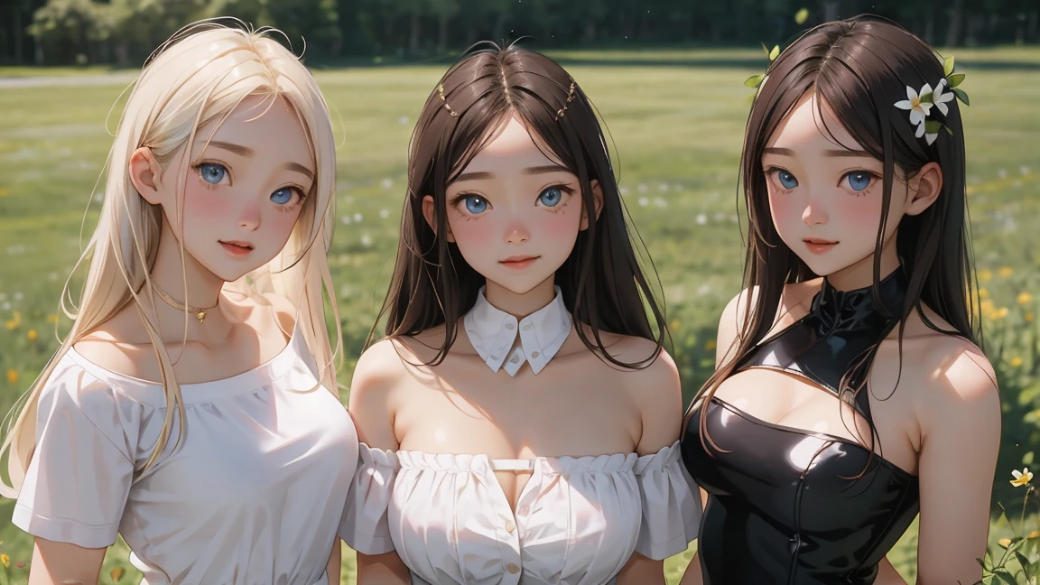 (3 girls), young face, 12 years,smile, white skin, Round breast, blue eyes,((Strapless shirt, Perky chest))Masterpiece, Highest quality, 8ก, beautiful girl, young face、 photography, Cute face, thigh,In the meadow, Embarrassing、รอยsmile、((((((อายุ 12 years))))))、small waist、(((round chest))) ((big breasts)) Plump breasts