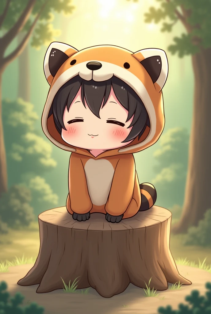 A man wearing a raccoon hoodie、human、Heartwarming、mascot、smile、Sleepy face、Nohohon、Sitting on a stump、anime