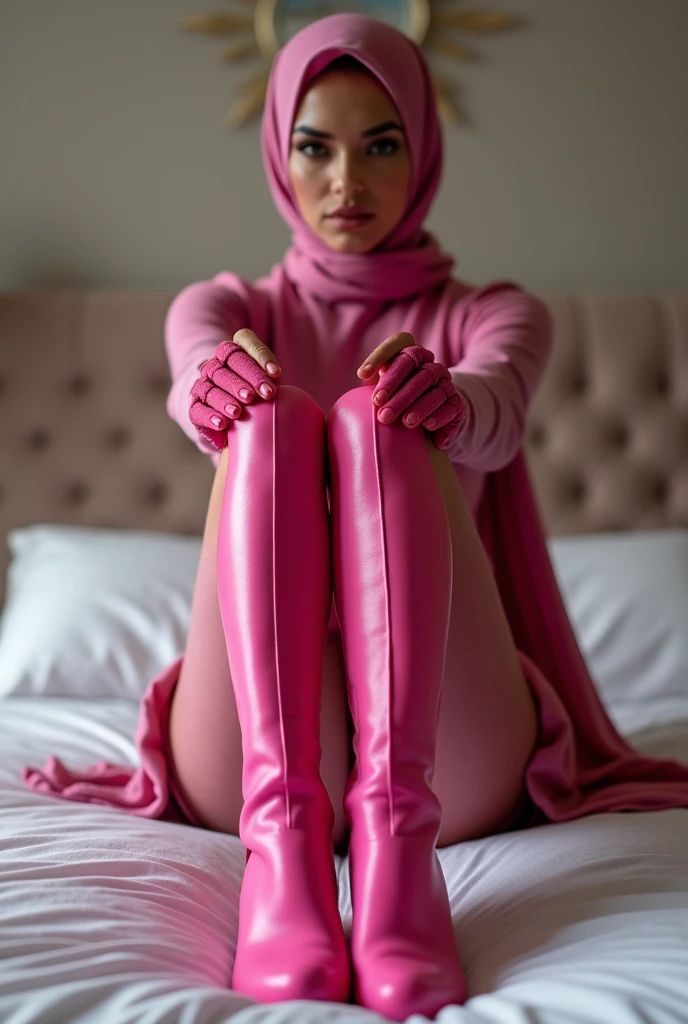 ((best quality)),pink hijab, leggings, long legs, sexy pose, pink high boots, g-string, feets to the camera, pointing feets to camera, domina pose, sitting on the bed, crossed legs, looking down to the camera, holding boots in the camera