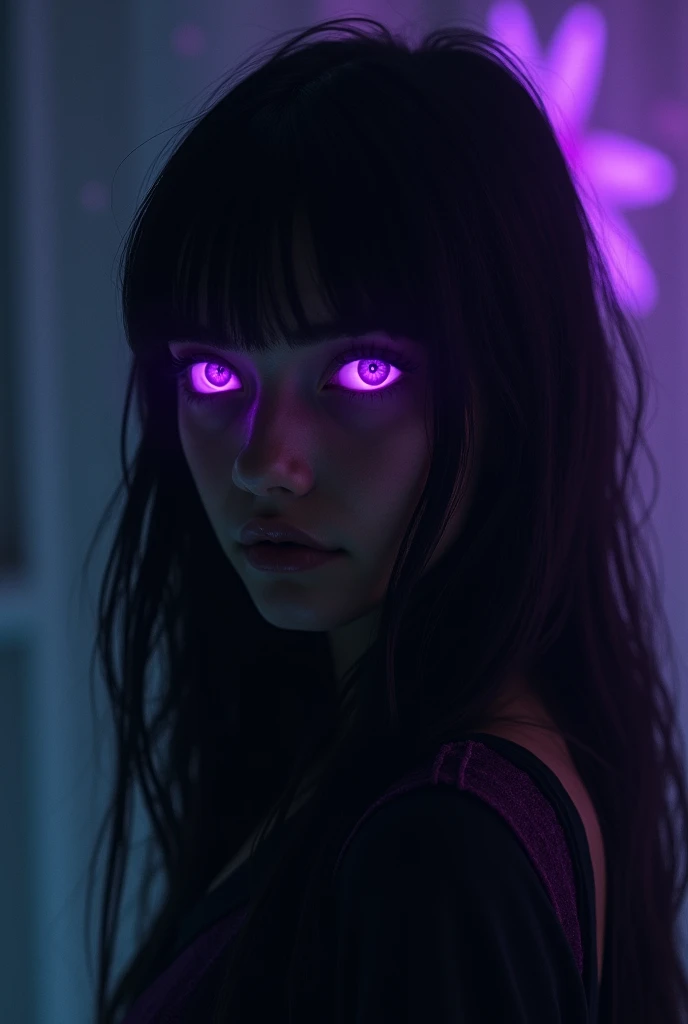 the silhouette of a age witch girl, dark brown straight hair, brown skin, Latina and her purple eyes look a little in the dark so it looks cyberrealistic
