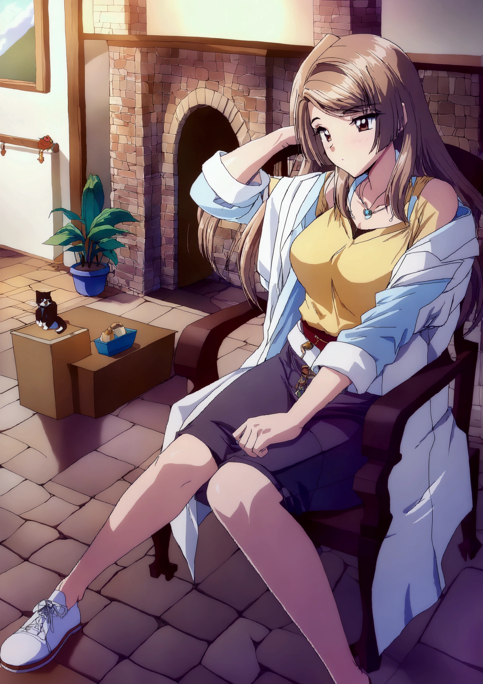 image of a woman sitting in a chair with a cat nearby, alchemist girl, (hair swept bangs:1.3), (long brown hair:1.3),( Rinotun artstyle:1.3), with a lab coat, marin kitagawa fanart, anime artstyle, detailed fanart, seductive anime girl, by Shitao, official fanart, zerochan art, misato katsuragi, high quality anime artstyle