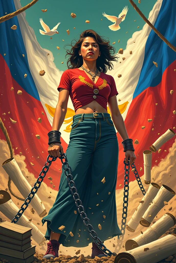 An illustration that connects with the theme "wikang magpalaya" with a book, the Philippine flag, dove, a woman with shards of chain around it representing that it broke free from the chains, and some scrolls, make it cultural. Add the colors red, blue, white, green, and yellow. Make it more meaningful and vibrant