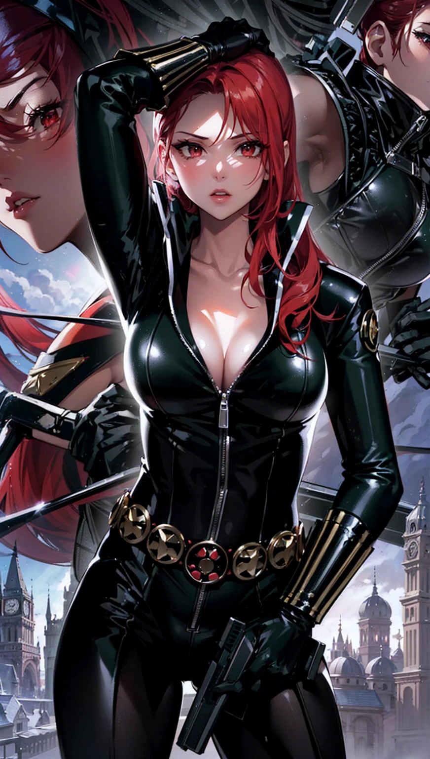 The image features a girl with long, bright red hair, dressed in a sleek skin-tight shiny black latex bodysuit with a deep-cut zipper neckline revealing a large chest, the silver zipper running down the front. The suit is complemented by a belt of shiny golden circles around her waist. She holds a gun in each hand in a ready position, while her other hand is touching her hair. Placed against a dark city backdrop, the scene includes buildings and might contain elements resembling a clock tower, suggesting an urban setting. This composition is emblematic of a superhero genre, highlighting central and ancillary characters, with an overtone of action and vigilance.