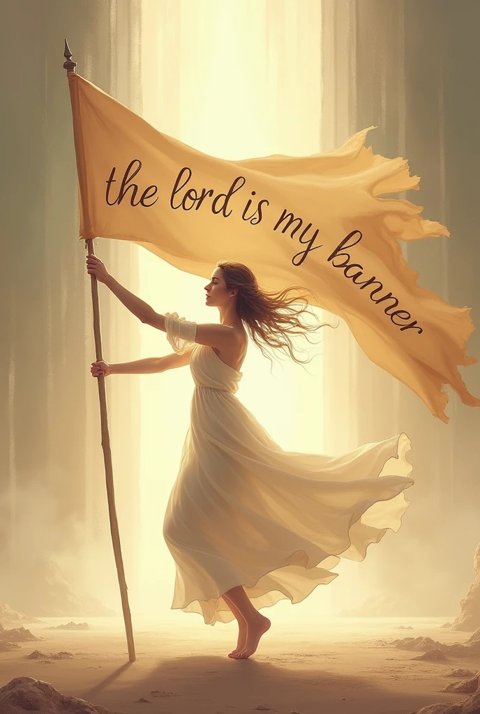 dancing woman holding a long and wavy flag with "THE LORD IS MY BANNER" written on it