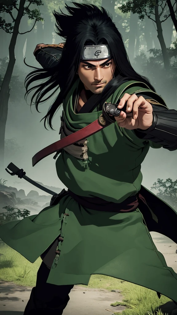 (cowboy shot), sfw, (masterpiece), (best quality:1.0), (ultra highres:1.0), detailed eyes, BREAK looking at viewer, 1boy, face scar, dark skin, long black hair, intimidating look, green armor, samurai armor, black robes, pouches, black headband, narutoStyle, BREAK (forest, many trees, night, outdoors, gorgeous view), action pose