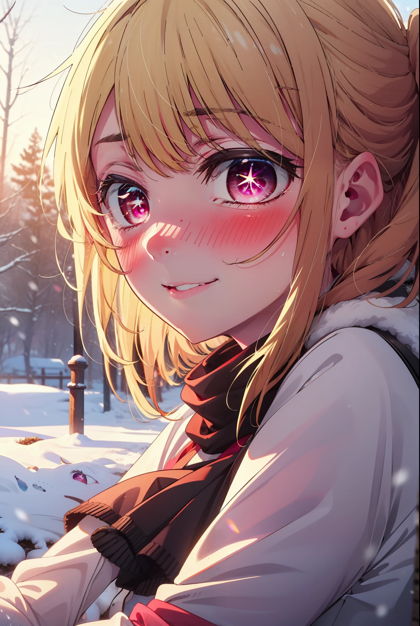 rubyhoshino, Hoshino Ruby, Long Hair, bangs, blonde, (Pink Eyes:1.3), Side Lock, (Symbol-shaped pupil:1.5), Multicolored Hair, Two-tone hair, smile,,smile,blush,white breath,
Open your mouth,snow,Ground bonfire, Outdoor, boots, snowing, From the side, wood, suitcase, Cape, Blurred, , forest, White handbag, nature, Squat, Mouth closed, Cape, winter, Written boundary depth, Black shoes, red Cape break looking at viewer, Upper Body, whole body, break Outdoor, forest, nature, break (masterpiece:1.2), Highest quality, High resolution, unity 8k wallpaper, (shape:0.8), (Beautiful and beautiful eyes:1.6), Highly detailed face, Perfect lighting, Extremely detailed CG, (Perfect hands, Perfect Anatomy),