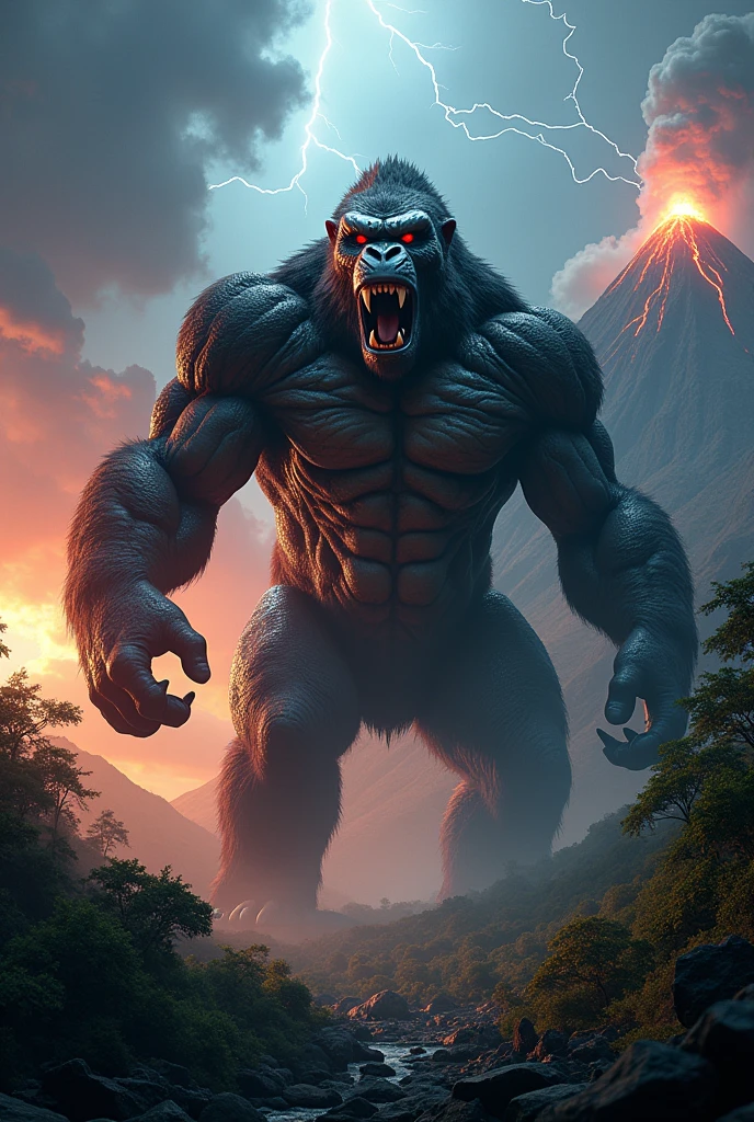 Snake and gorilla combination, background forest, make it muscular, stronger aggressive, looks bigger hybrid, dengerous, super powerful, lightning background, bigger hybrid, make it one head, Red eyes volcano body . make it mythologycal ,mythical creatures , hd , realistic