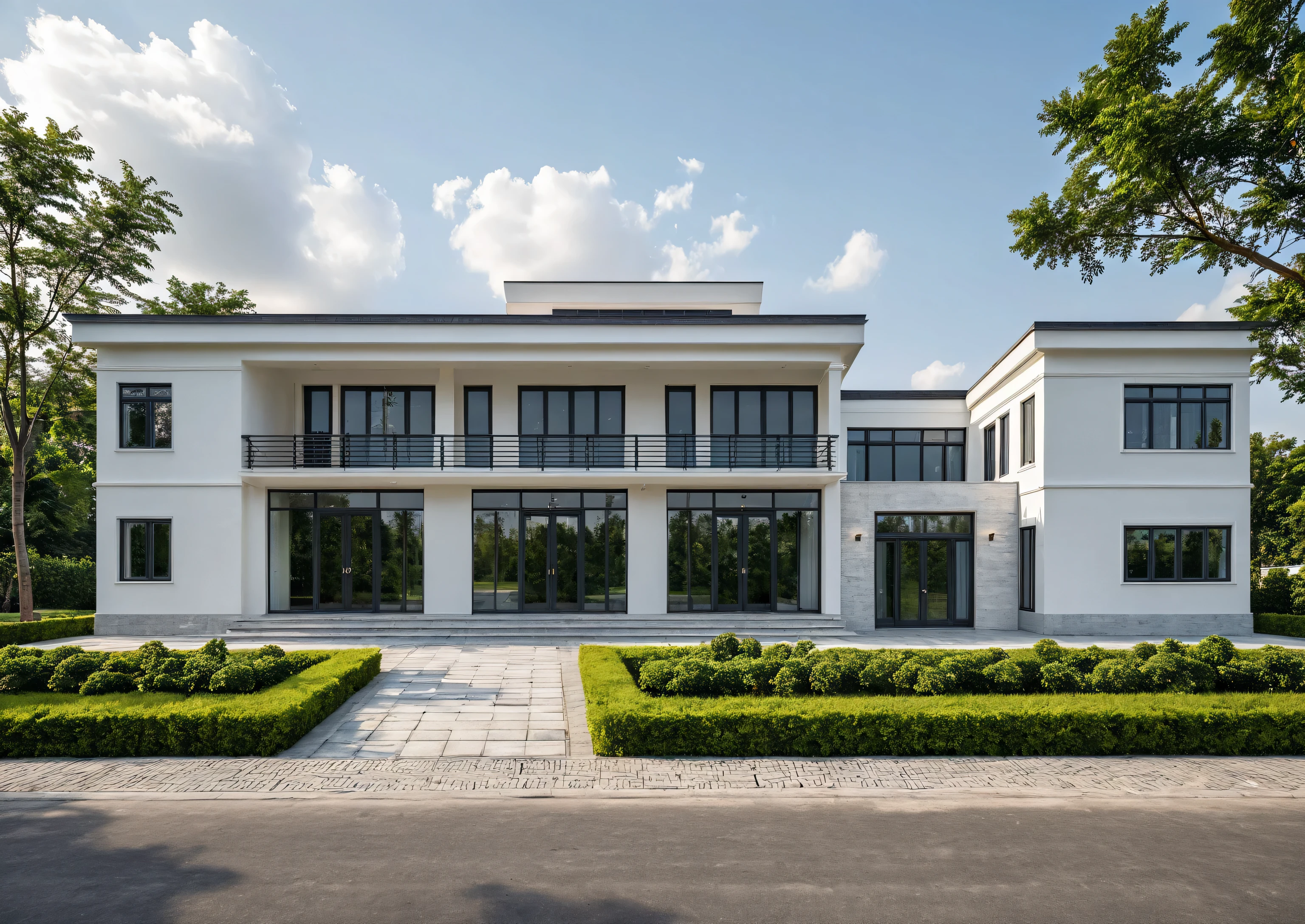 A two-story neoclassical villa with elegant columns, large arched windows, and a grand entrance, surrounded by a well-manicured garden. Next to the villa is a modern electric generator and a small security guard house with classic architectural details. Photorealistic, high detail, cinematic lighting, Masterpiece, high quality, best quality, authentic, realistic scene, super detail, outdoors, house on the street ,white wall, glass window, steel gate, road, pavement, grass, trees, sky, cloud