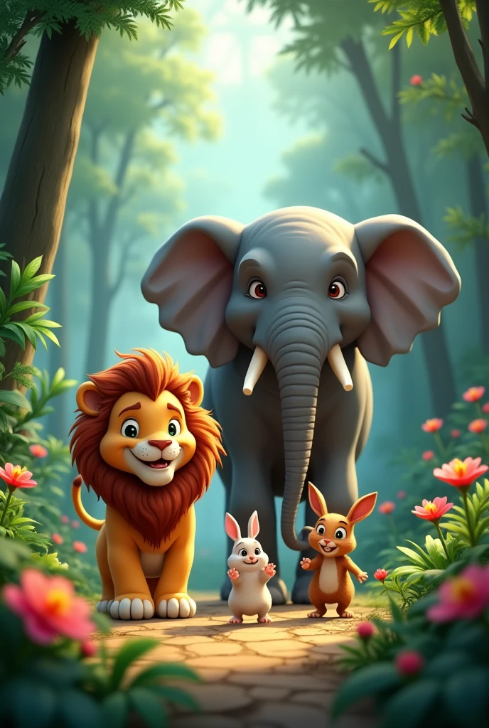 Scene 1: Introduction of the Three Friends**
**Visual Prompt:**
A dense jungle with tall trees, lush greenery, and colorful flowers. In the center of the frame, a majestic lion (Shér) walks confidently. Beside him, a strong, large elephant (Hāthī) is moving slowly. Near them, a small, agile rabbit (Kharagosh) hops around playfully. The three are clearly friends, smiling and interacting with each other in the vibrant forest.