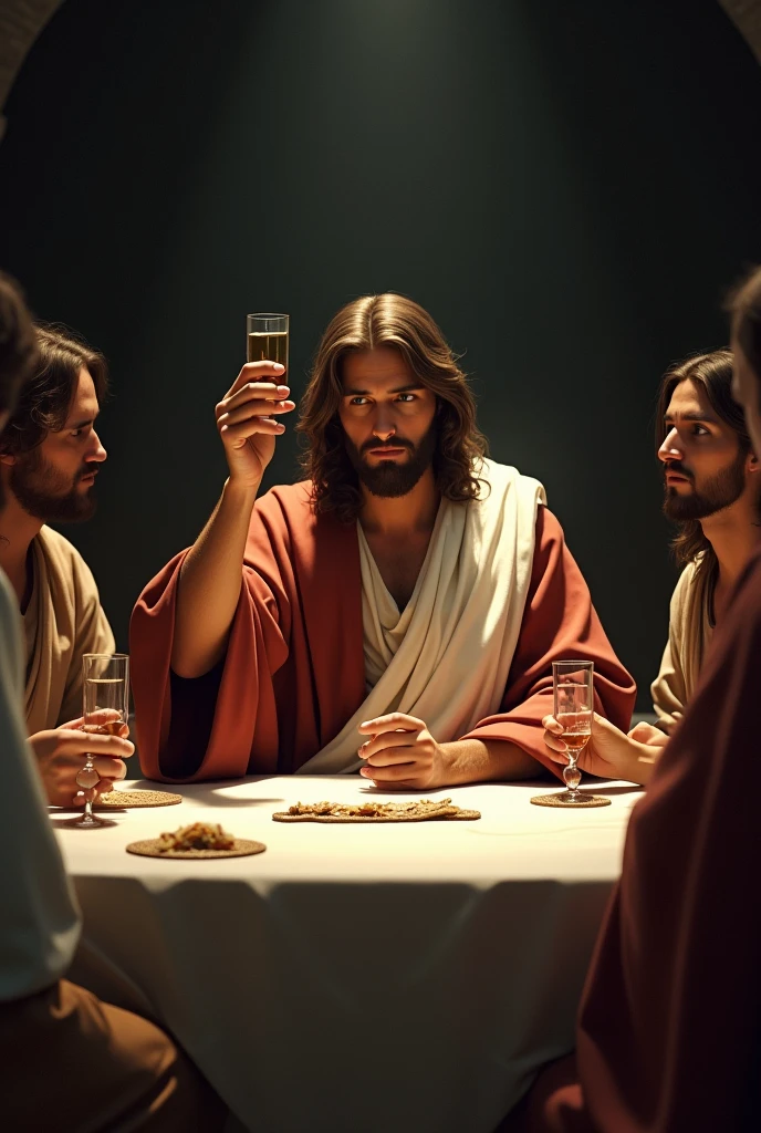 Jesus at the table raising the bread and wine