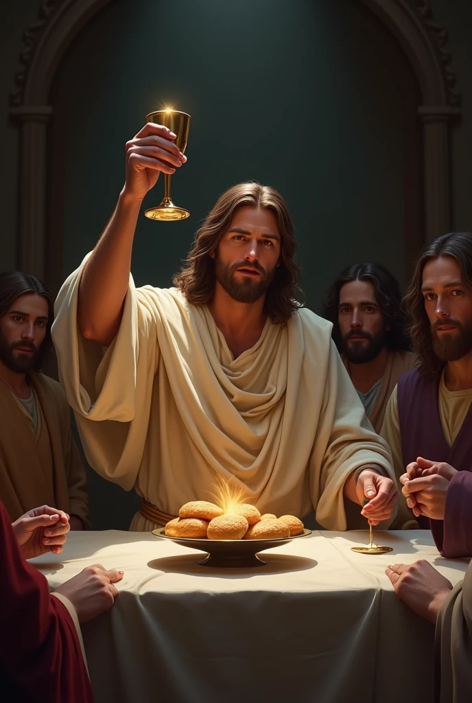 Jesus at the table raising the bread and wine 