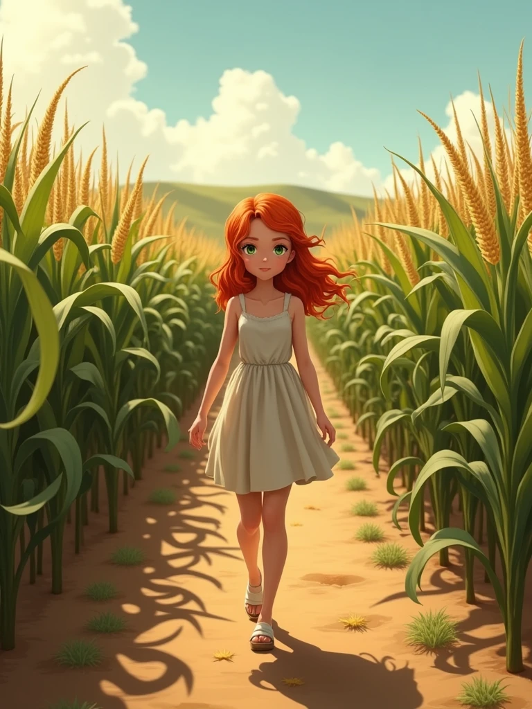 a girl with red hair walking towards a corn field realistic 4K photography