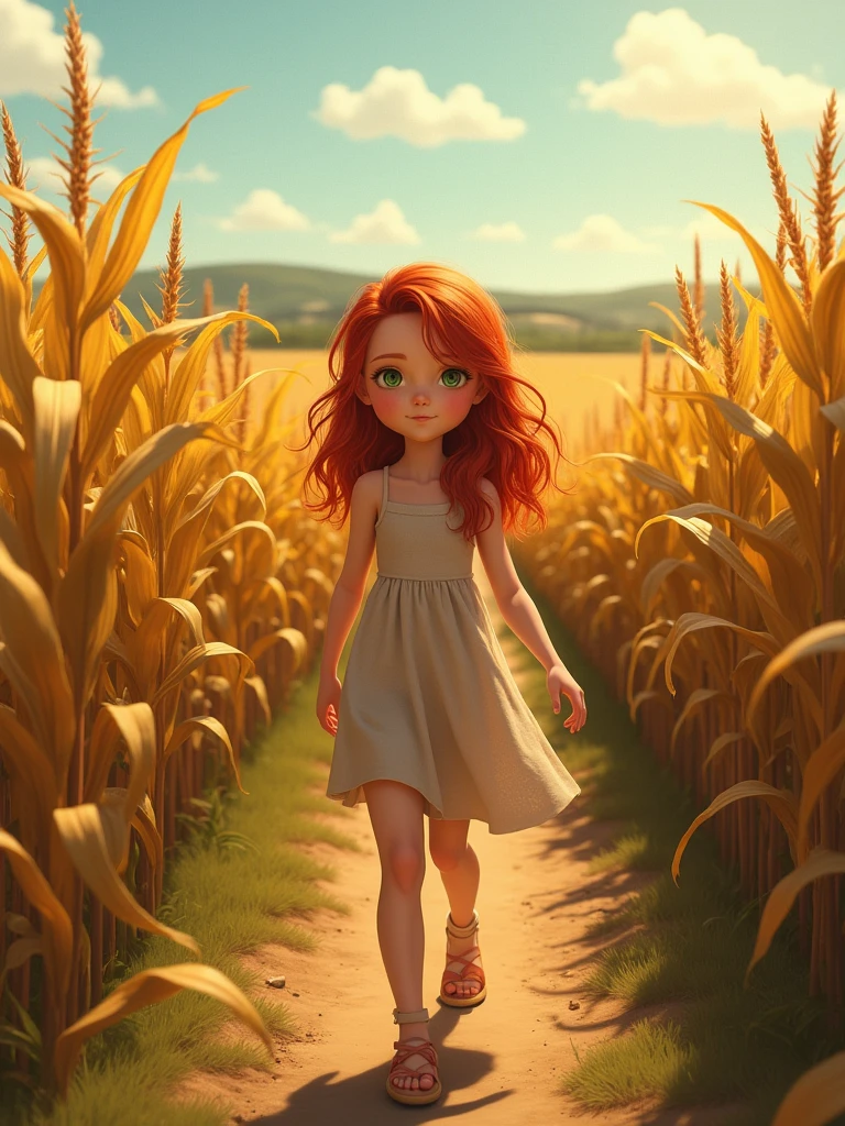 a girl with red hair walking towards a corn field realistic 4K photography