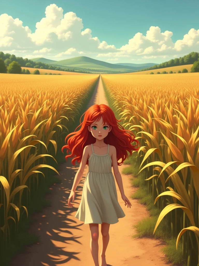 a girl with red hair walking towards a corn field realistic 4K photography