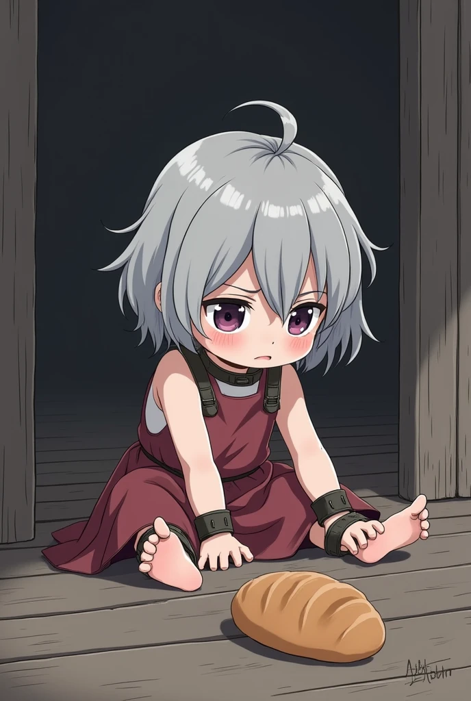 Webtoon style drawing of a sad toddler girl with silver hair and purple eyes in a slave collar, slave cuffs, and ankle cuffs looking down at bread on a wooden floor