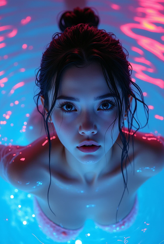 beautiful girl swimming in a pool of colorful thick slime, detailed face, beautiful eyes, long eyelashes, flawless skin, glowing ethereal skin, wet hair, dripping slime, swirling neon slime, swimming pose, pool of luminescent slime, underwater, vivid colors, dramatic lighting, cinematic, digital painting, hyper detailed, photorealistic, 8k, HDR, cinematic lighting, dramatic colors
