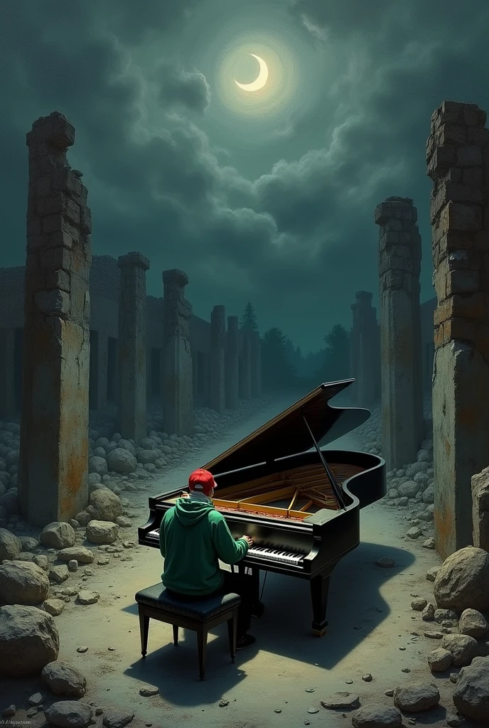 inspired by Fort Minor's song Where'd You go. Prompt : Expressionism painting, tree top view, very dark theme, a man wearing a green hoodie, black jeans, red baseball cap, and white scarf, playing an accurately depicted grand piano that is dusty and dirty, located in the ruins of a building (which was previously very large and majestic) with only broken walls here and there (no roof) in the middle of a quiet night, surrounded by other ruins, pitch dark with light only from a crescent moon partially covered by thick black clouds. Gloomy atmosphere. Lighting correction.