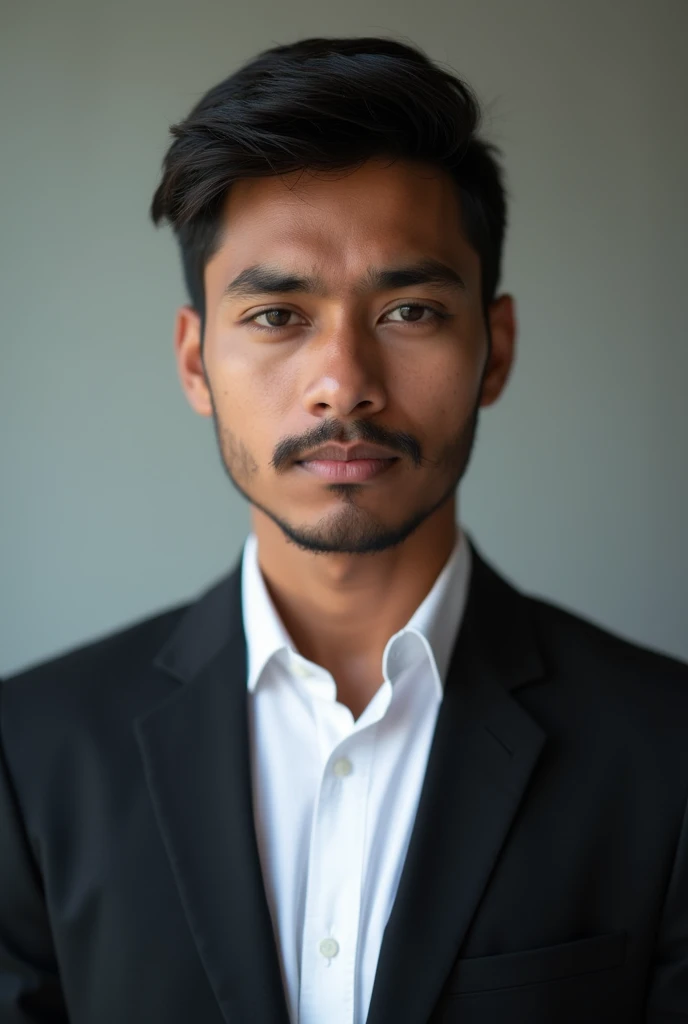 A Bangladeshi young man same black color skin , dressed in a black blazer over a white shirts , short hair style  and  back color eye for passport size picture. 