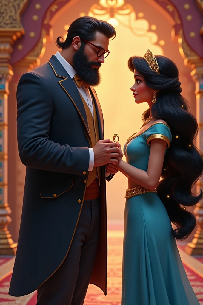 a guy with beard formals dusky skin and glasses bit fat proposing princess jasmine