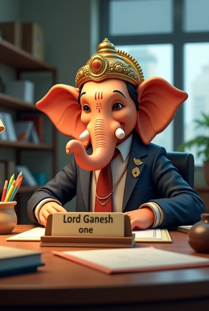 Lord ganesha working in Office name ONE on backside And with His nameplate Lord ganesha (ONE AR) on desk