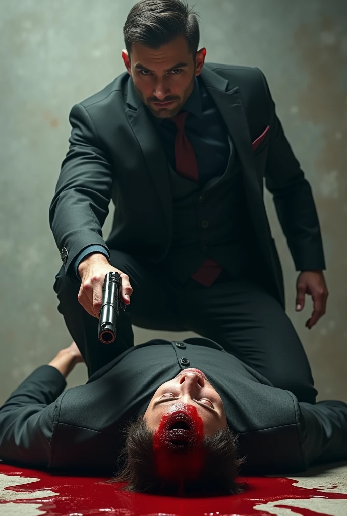 Homme qui tient un pistolet dans sa main, le canon du pistolet fume, au pied de l'homme, il y a le cadavre d'un homme qui a une balle dans la tête et qui gît dans une flaque de sang, le cadavre a une balle en plein front, il a un trou au milieu de la tête