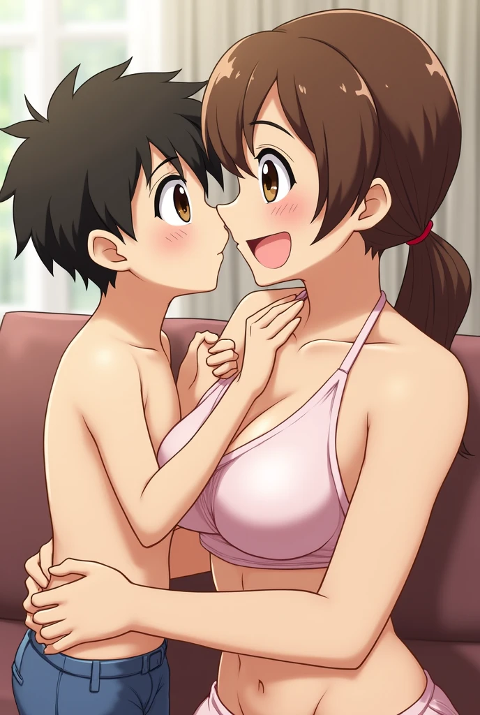 Fraction_9, Fraction_8_direction_7_up, source_Japanese cartoons, 1girl(Mature female、Clear bikinitong，Holding the boy&#39;s penis）, Brown hair, Brown eyes, Low Ponytail, Large Breasts, Smile, 1 junior high school boy（，penis), Shota, Mother and son，living room.Female hand on penis