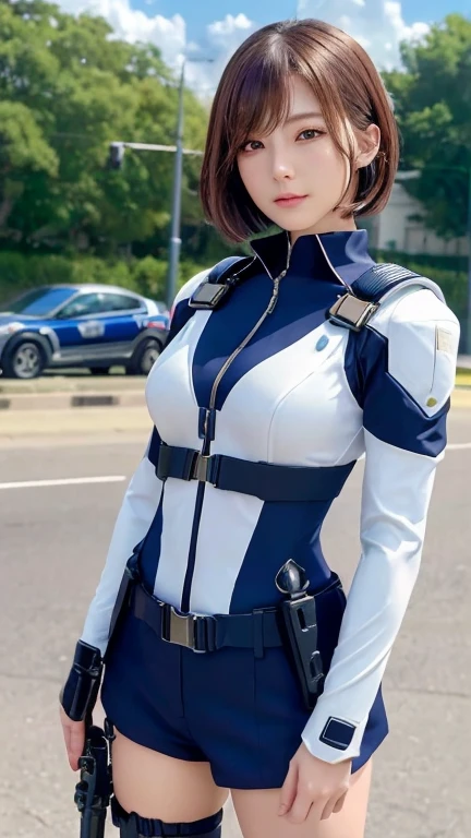 (Close-up:1.4)、(RAW Photos:1.2)、(Photorealistic:1.4)、(masterpiece:1.3)、(Highest quality:1.4)、(Beautiful woman with perfect body:1.4)、Beautiful female soldier、Wearing a suit、Beautiful young Japanese woman、Highly detailed face and skin texture、Small, large eyes、double eyelid、Cute Face、(Short Bob:1.2)、Storm and epic war scenes、cyber punk、(Plug Suit)、((Navy and white futuristic police uniform)), Perfect quality,, Stunning beauty,, Small breasts, (High quality anime), Standing on the street by the river next to the village, Please place your hand on your chest, Looking at the audience, Gauntlet. Short hair blowing in the wind, , Bright lightning.Gun holder on the waist