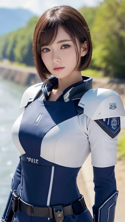 (Close-up:1.4)、(RAW Photos:1.2)、(Photorealistic:1.4)、(masterpiece:1.3)、(Highest quality:1.4)、(Beautiful woman with perfect body:1.4)、Beautiful female soldier、Wearing a suit、Beautiful young Japanese woman、Highly detailed face and skin texture、Small, large eyes、double eyelid、Cute Face、(Short Bob:1.2)、Storm and epic war scenes、cyber punk、（Plug Suit）、((Navy and white futuristic police uniform)), Perfect quality,, Stunning beauty,, Small breasts, (High quality anime), Standing on the street by the river next to the village, Please place your hand on your chest, Looking at the audience, Gauntlet. Short hair blowing in the wind, , Bright lightning.Gun holder on the waist
