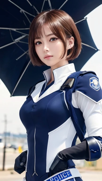 (Close-up:1.4)、(RAW Photos:1.2)、(Photorealistic:1.4)、(masterpiece:1.3)、(Highest quality:1.4)、(Beautiful woman with perfect body:1.4)、Beautiful female soldier、Wearing a suit、Beautiful young Japanese woman、Highly detailed face and skin texture、Small, large eyes、double eyelid、Cute Face、(Short Bob:1.2)、Storm and epic war scenes、cyber punk、(Plug Suit)、((Navy and white futuristic police uniform)), Perfect quality,, Stunning beauty,, Small breasts, (High quality anime), Standing on the street by the river next to the village, Please place your hand on your chest, Looking at the audience, Gauntlet. Short hair blowing in the wind, , Bright lightning.Gun holder on the waist