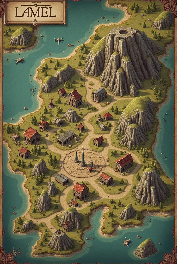 Medieval map of the fictional kingdom of Lamel France Abandoned farm on the northeast side Abandoned mines on the east and west side Working mines on the north and south side Observatory on the southwest side of the kingdom Medieval kingdom King's castle with a river below the drawbridge A giant city with two-story houses, Smith, fabric factory, padaria, butcher shop, clothing store, in the city center Knights' base in the center And a fort on the bank of a river