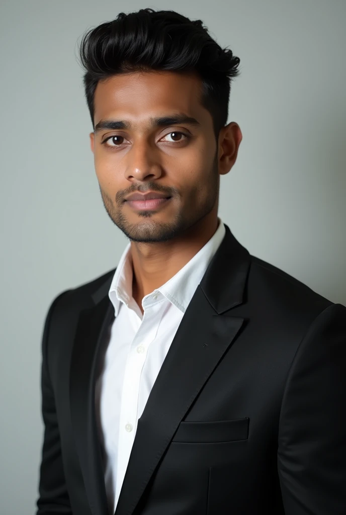 A Bangladeshi young man same black color skin , dressed in a black blazer over a white shirts , short hair style and back color eye for passport size picture.