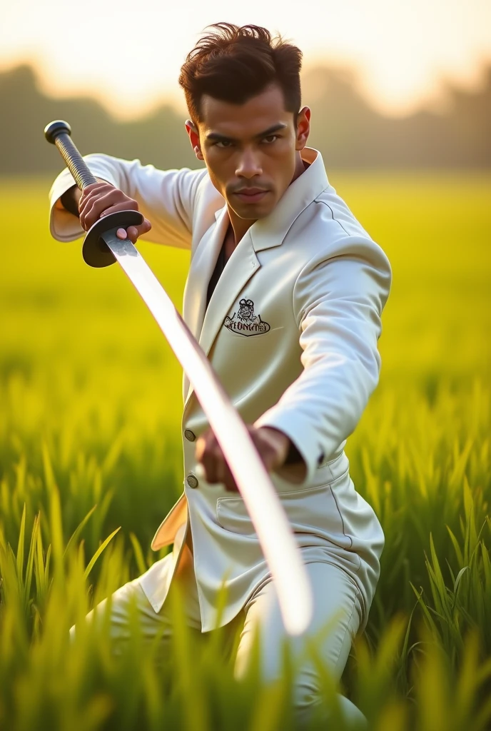 Handsome Indonesian young man looks intently at the camera wearing a white satin suite with a logo that says "TRENDY KONTER", holding a long sword with silat movements, performing in a field of thick green grass, shining in the sunlight