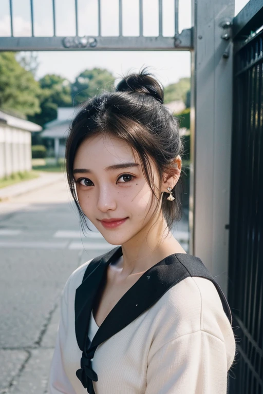 (2 pure Japanese girl,), (Small breasts:1.5,),(Mole on left side of neck:1.5),(solo,,Textured skin, Detailed skin,Detailed face,Detailed eyes,detailed posing,Natural eyebrows,Sparkling Eyes,High detail, Highest quality, Super detailed, Surrealism, ,8k,RAW Photos,Photographicism,Professional Lighting,Ray Tracing,Portrait Photography,),(((Black Hair, Natural Makeup,Simple earrings, Bun Hair,Schoolgirl uniform,In front of the school gate,smile,Commemorative photo )))