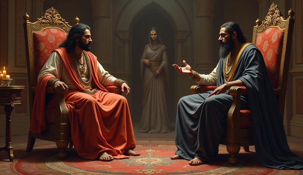 King Subala and Shakuni discussing the proposal, with Gandhari listening in the background.