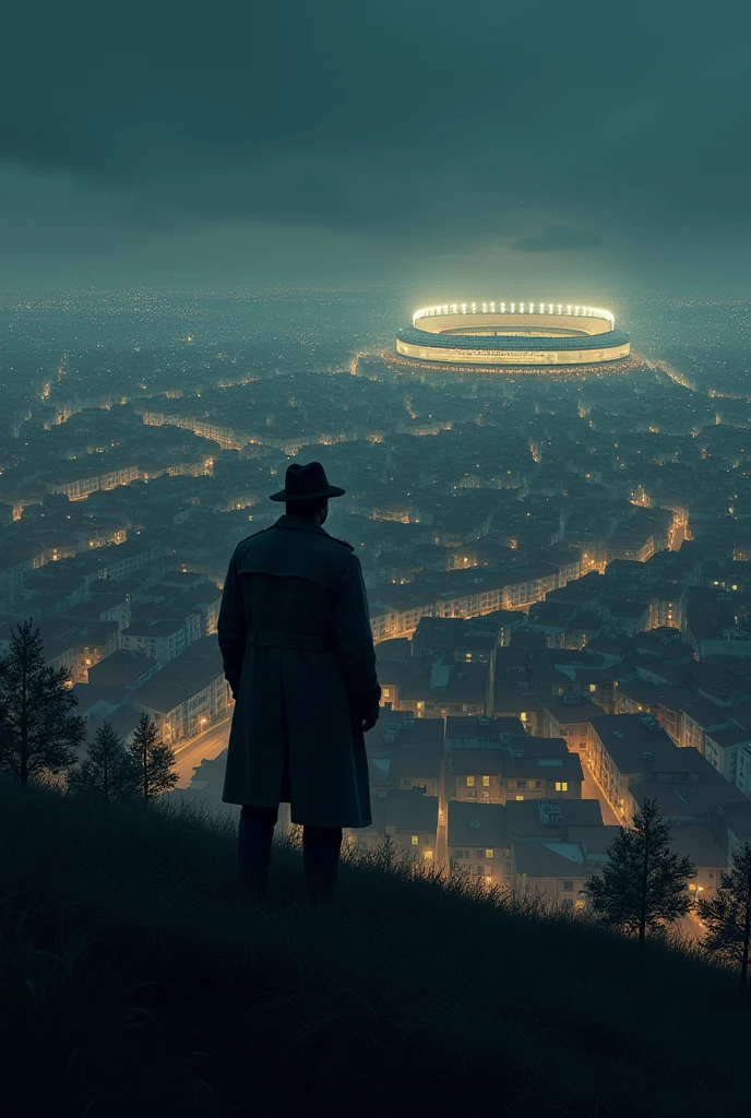 Create a large city with small houses and a stadium in far horizon. It's a night and a detective is looking from a hill.