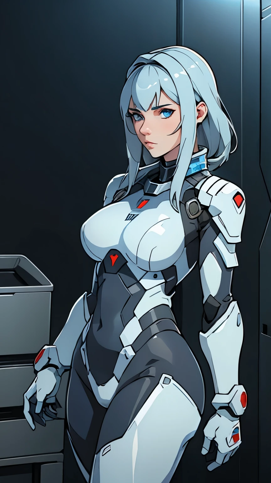 RUSSIAN WAIFU, in a combat exo-suit, very clear detail, suit colors white blue and red