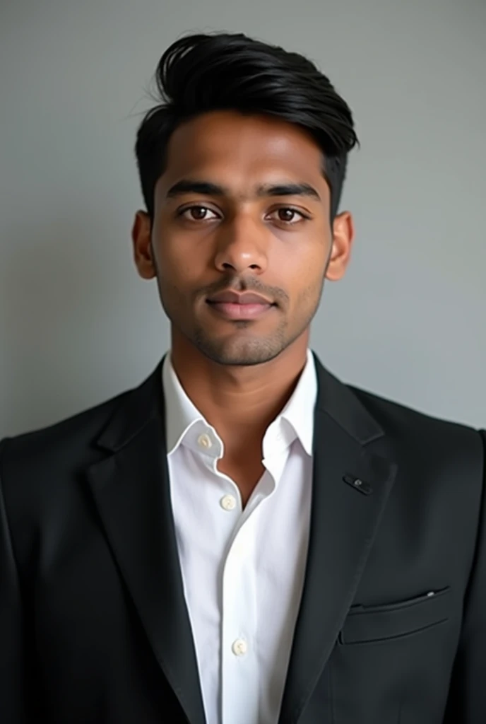 A Bangladeshi young man same black color skin , dressed in a black blazer over a white shirts , short hair style  and  back color eye for passport size picture. 