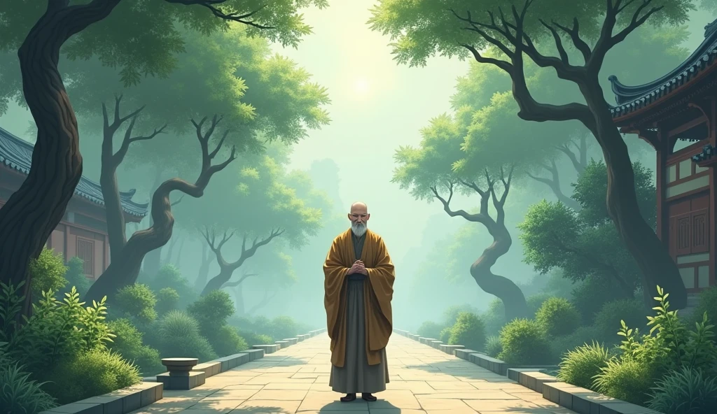 Chinese old monk sensei, bald, standing, in anime style, beautiful scenario, temple's, trees, wisdom full,