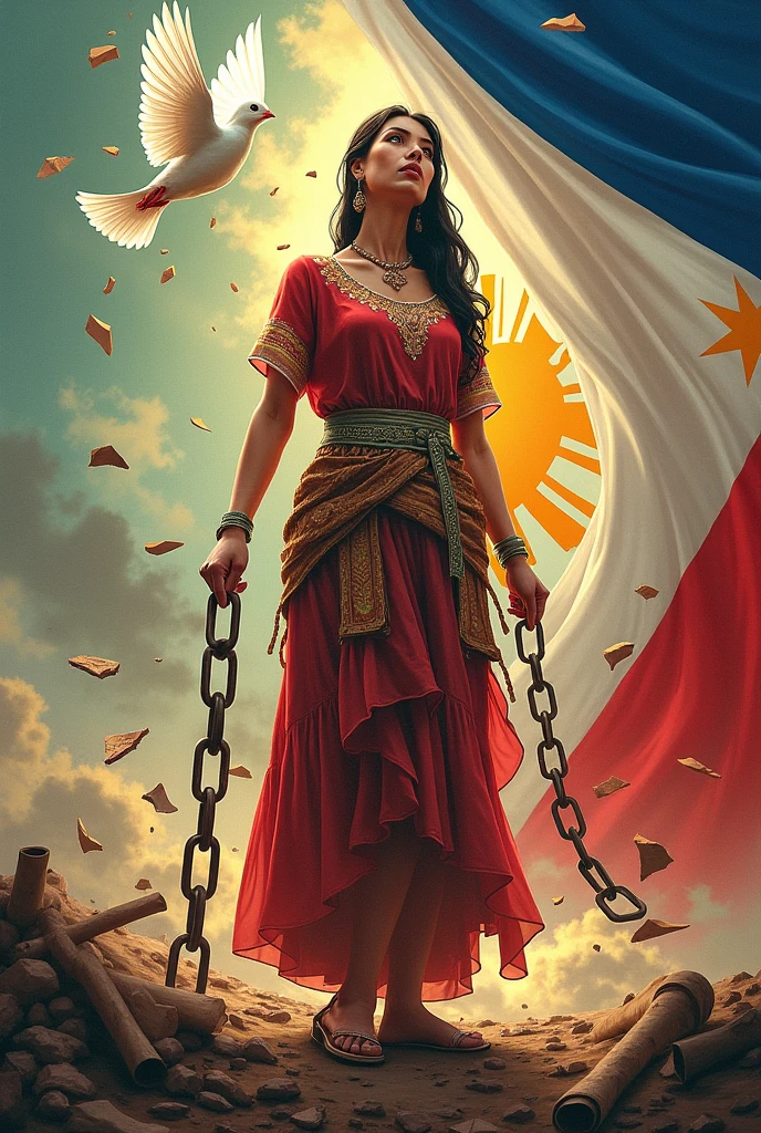 An illustration that connects with the theme "wikang magpalaya" with a book, the Philippine flag, dove, a woman wearing a philippiniana with shards of chain around it representing that it broke free from the chains, and some scrolls, make it cultural. Add the colors red, blue, white, green, and yellow. Make it more meaningful and vibrant