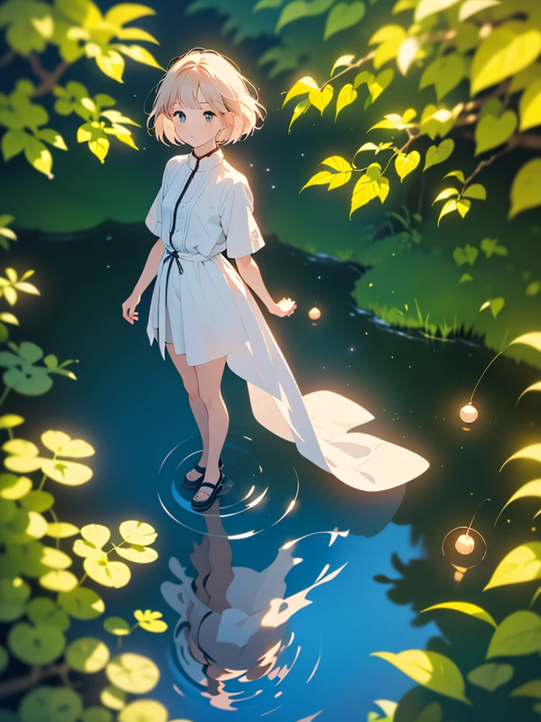(blurry background:1.3), (extremely detailed fine touch:1.3), (hard light, studio light, light rays, dappled light, reflection, shadows, ray tracing:1.0), ///, girl, pink blonde short hair, white dress, leaves forest, pond, reflection, leaves, sunlight filtering through foliage, stand on stone, standing by the pond, (full body:1.3), (from above:1.3), (dynamic angle:1.6), (too many small spherical lights flying around in the air:1.4)